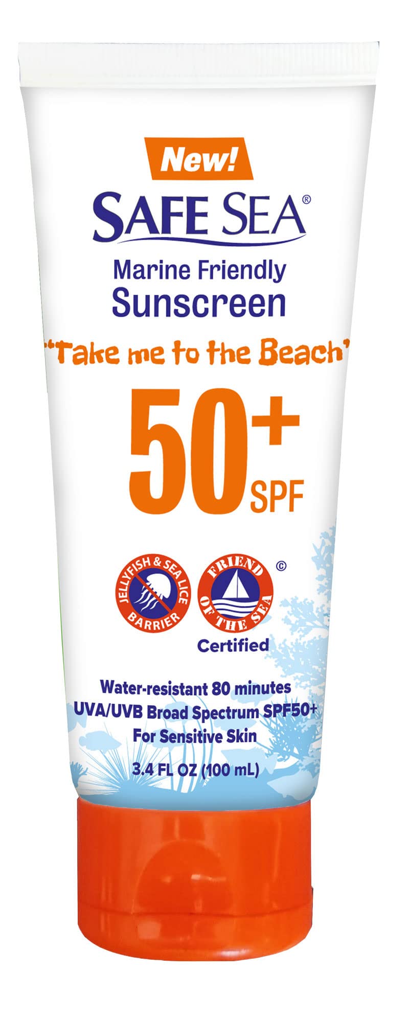 SAFE SEA jellyfish sting-blocking sunscreen tube protects skin on sunny reef days.