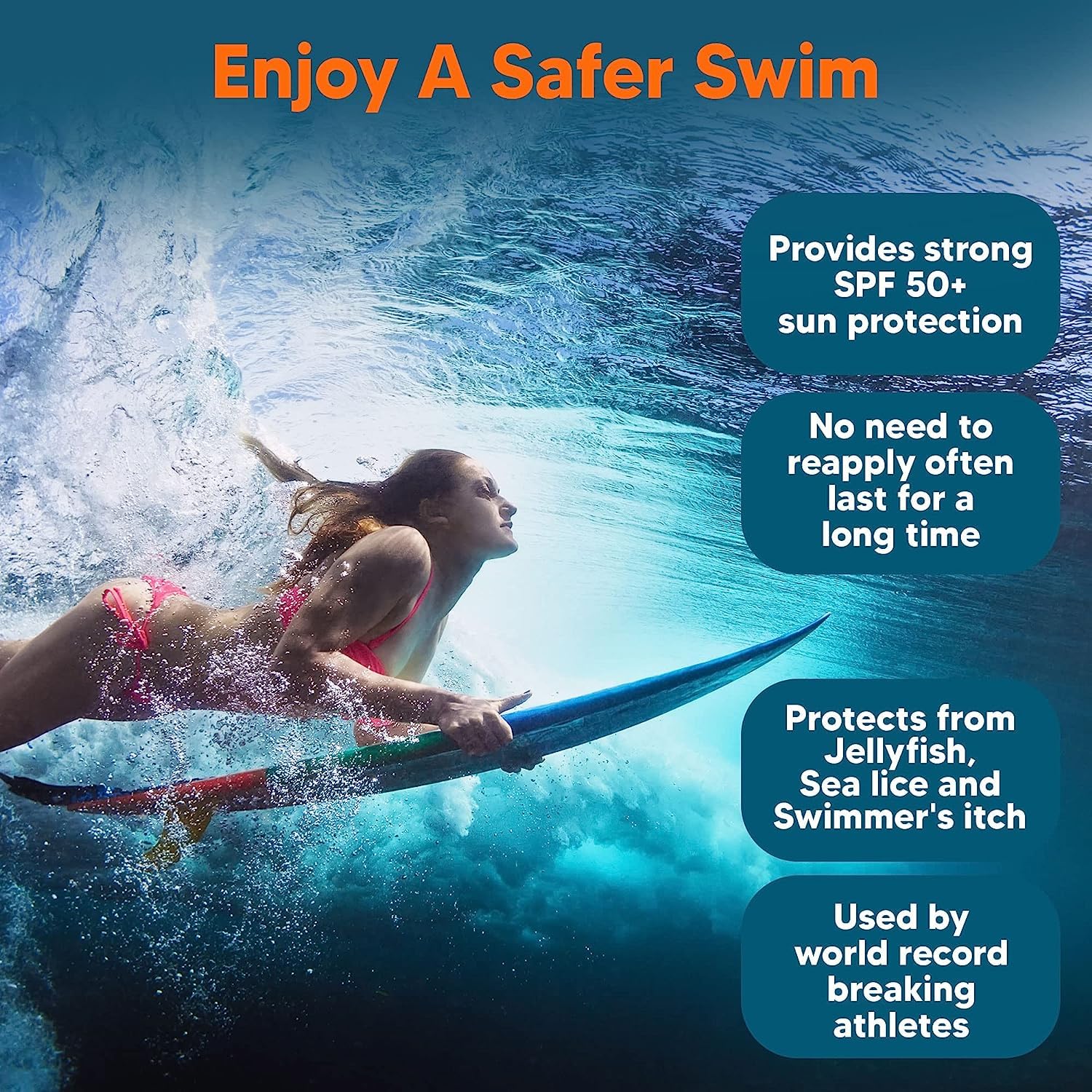 Safe Sea jellyfish sting protection image highlights sea-safe barrier benefits.