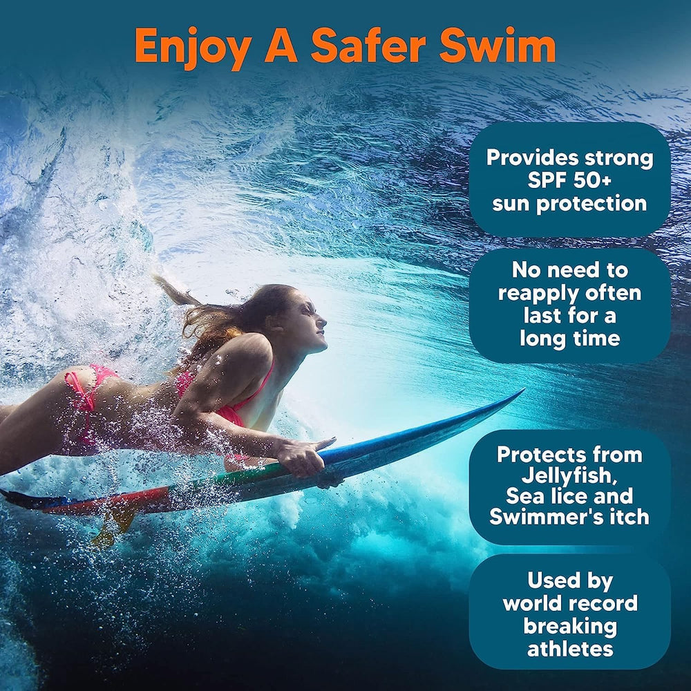 Safe Sea jellyfish sting protection image highlights sea-safe barrier benefits.