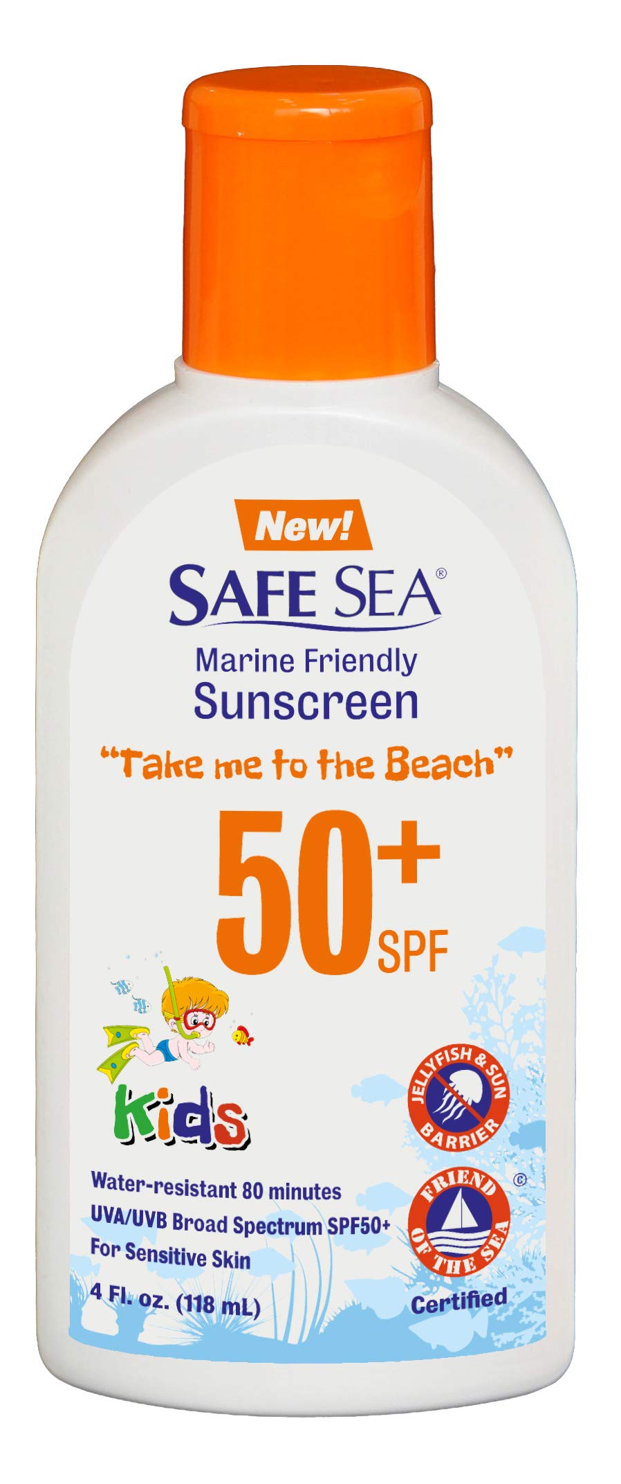 Safe Sea jellyfish sting-protection sunscreen bottle with SPF 50+ for sun and sea