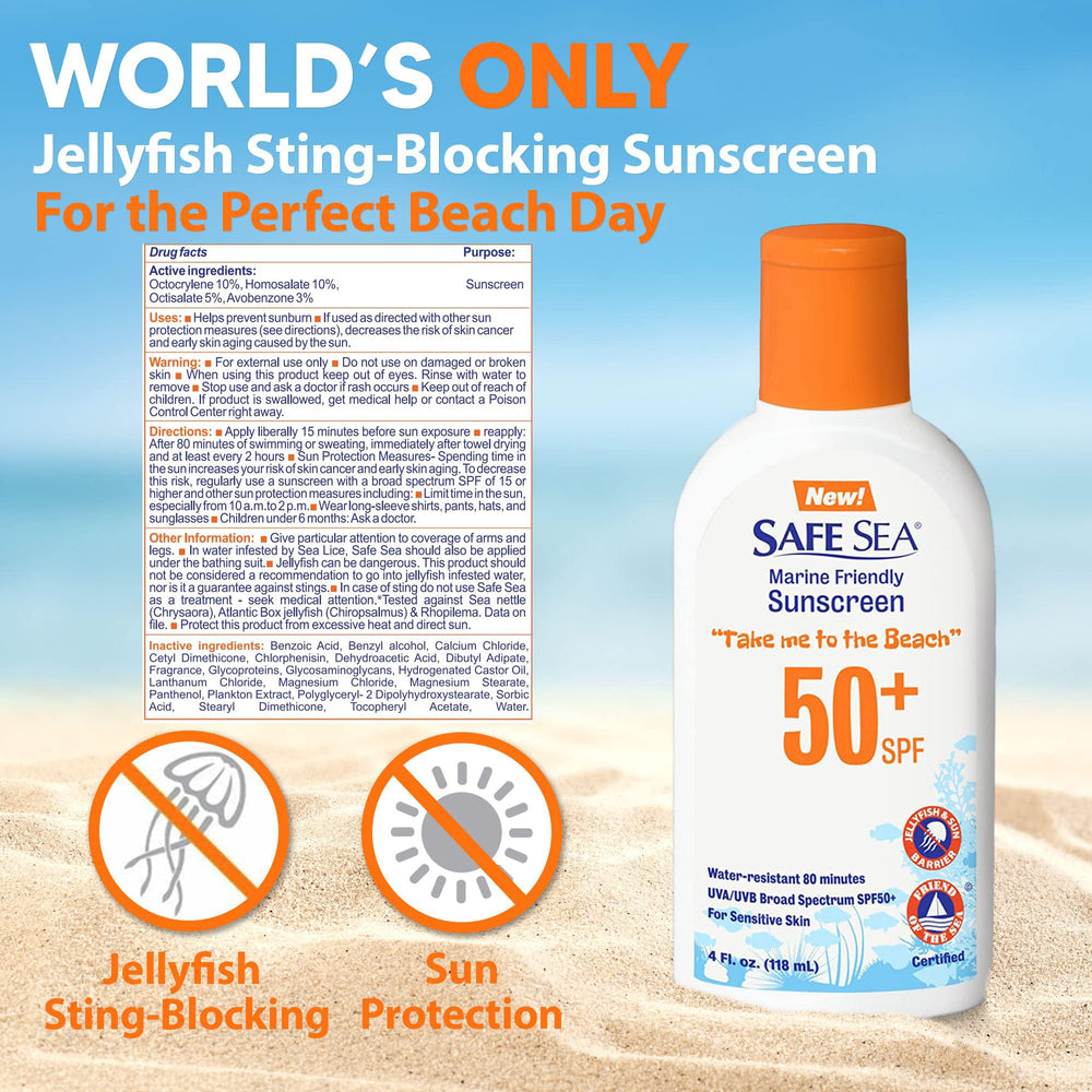 SAFE SEA sunscreen being applied by a family at the shoreline, waterproof protection for swimming