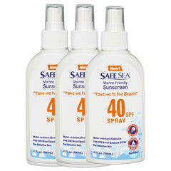 SAFE SEA Jellyfish Sting-Blocking Sunscreen spray bottle showing SPF 40 protection for beach days