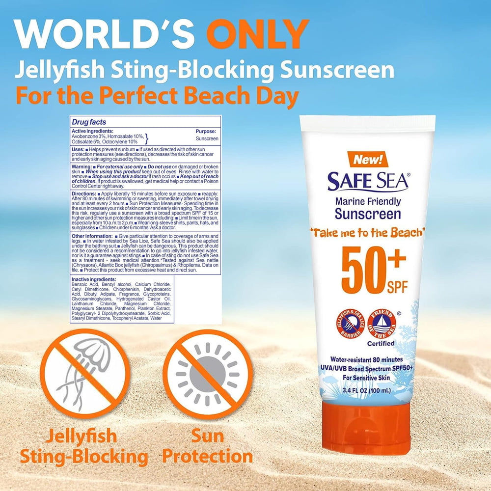 SAFE SEA waterproof sunscreen used during swimming and splashes.