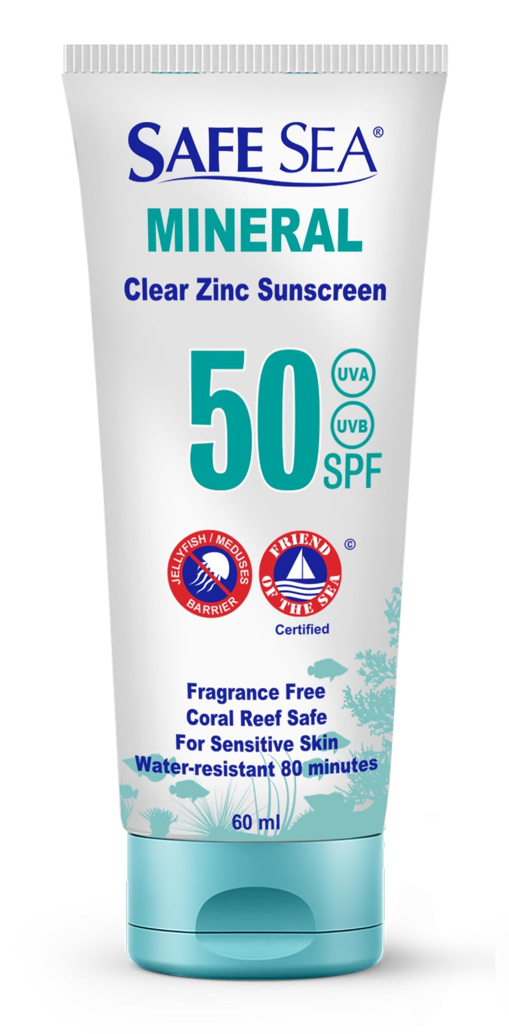 Safe Sea zinc oxide sunscreen bottle showing reef safe protection for sunny days