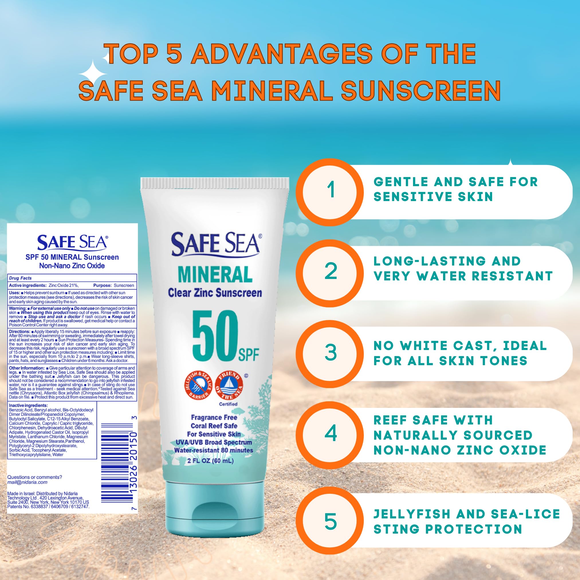 Safe Sea zinc oxide sunscreen texture on skin shows no white cast, ideal for daily use.