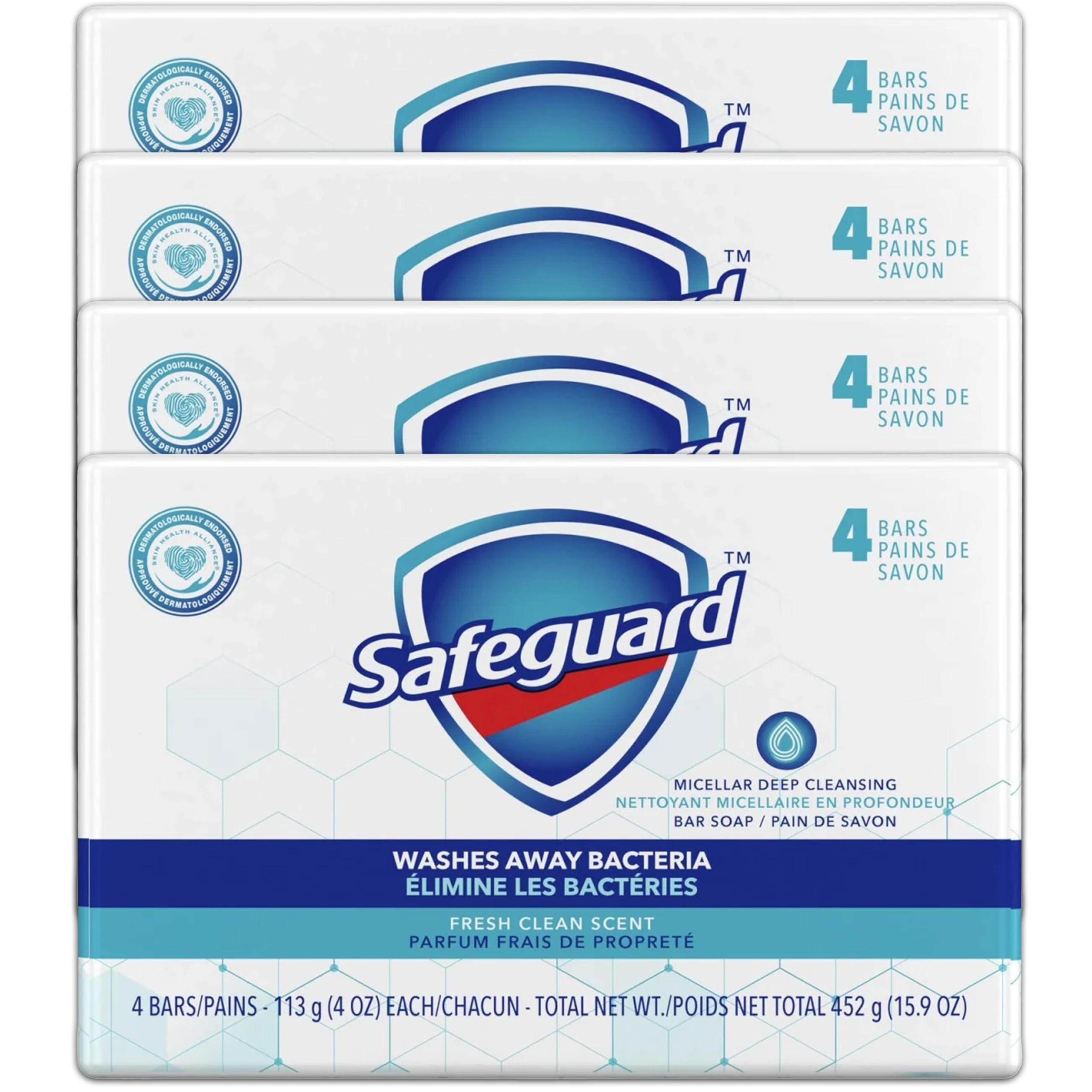 Safeguard micellar bar soap packaging highlights value of a 4-pack for families