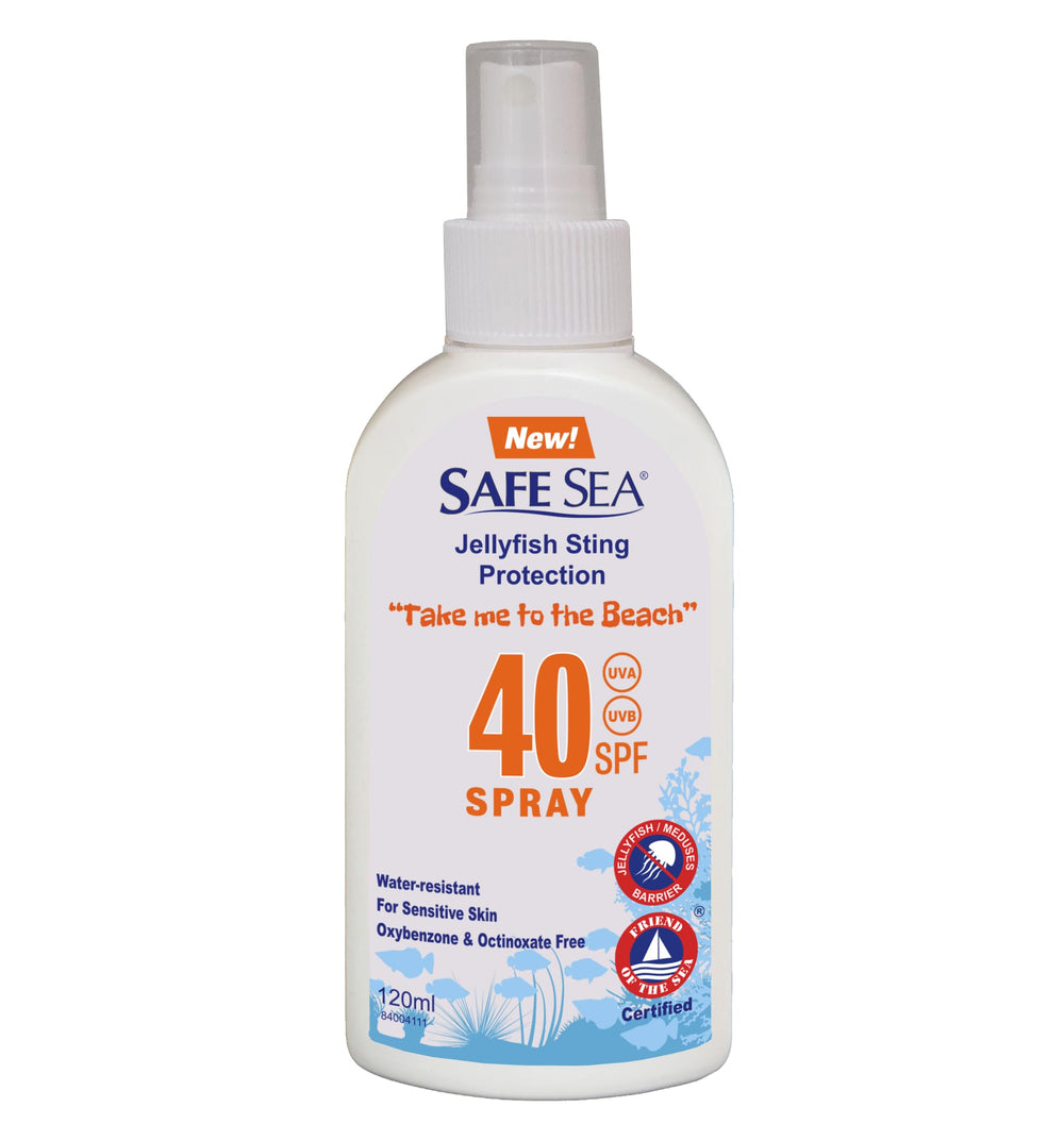 Safe Sea jellyfish sting-protection sunscreen bottle shields skin at the beach