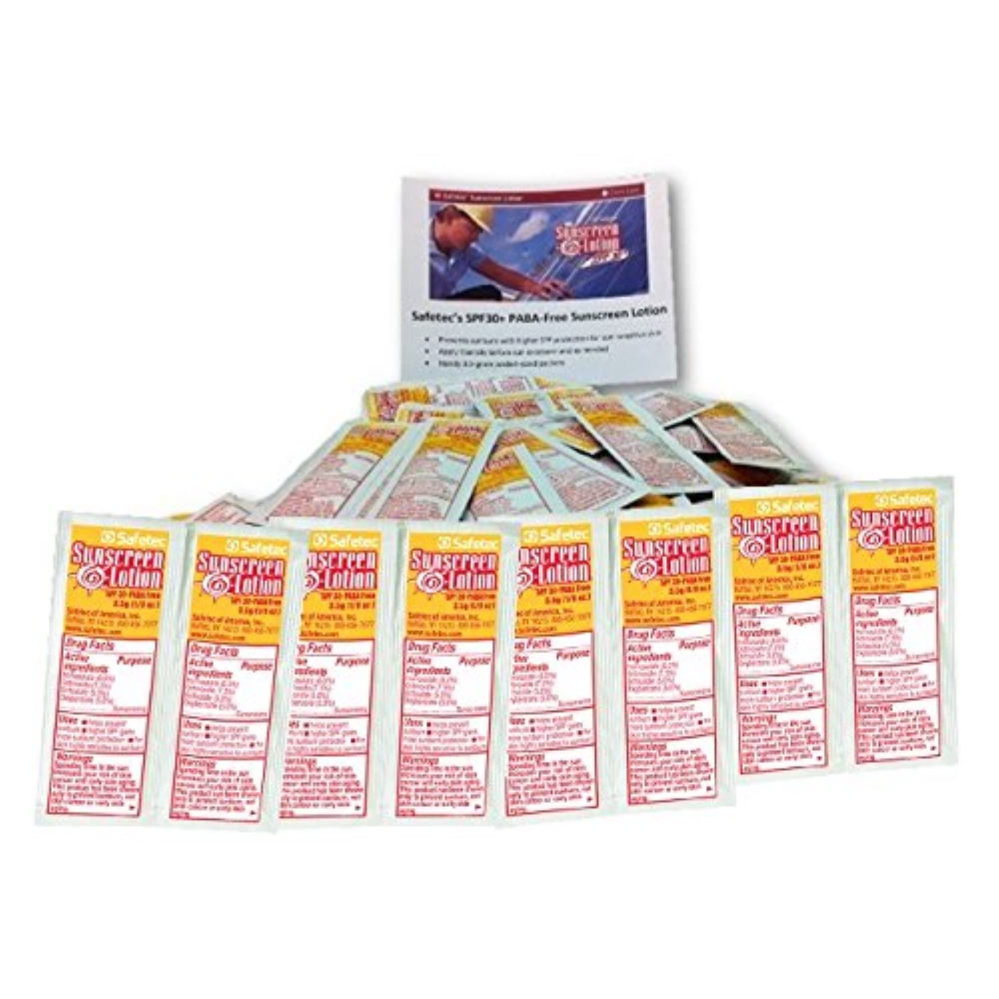 Safetec sunscreen packets in packaging for easy travel SPF30+ protection