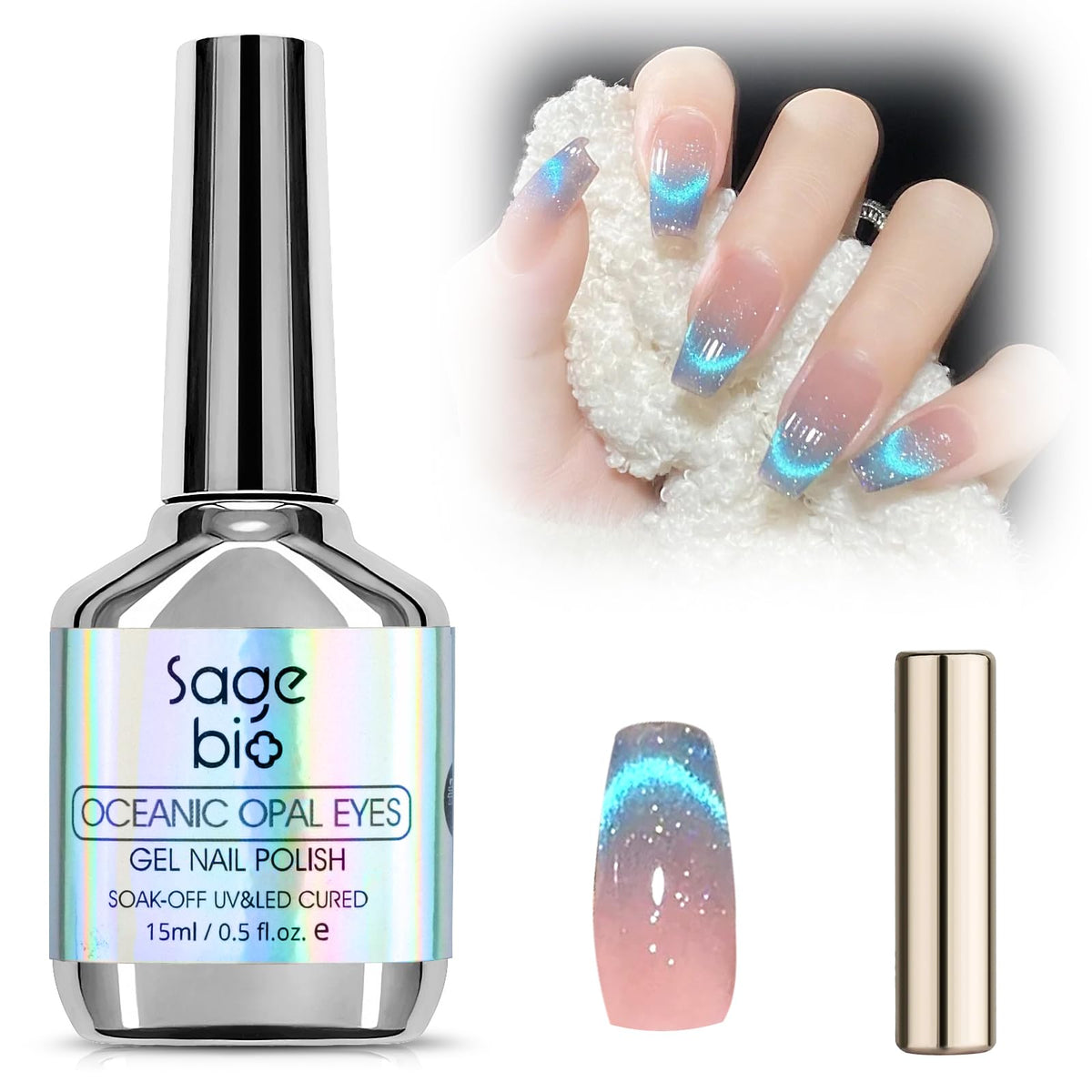 SAGEBIO Cat Eye gel polish bottle shows magnetic shimmer for DIY nails