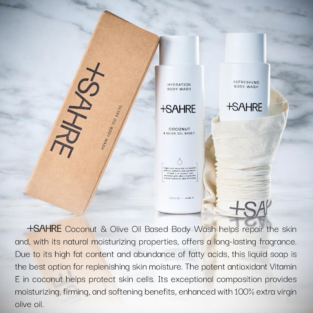 Sahre natural body wash green tea extract close-up emphasizes purifying, refreshing skin care