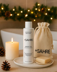 Sahre Natural Body Wash bottle pour showing olive oil benefits for moisturized skin
