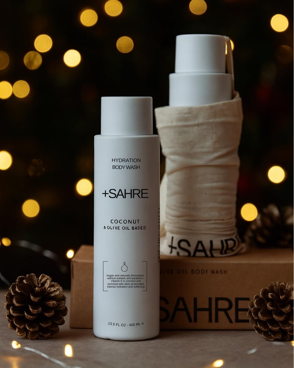 Sahre Natural Body Wash olive oil bottle highlights antioxidant protection for daily cleansing