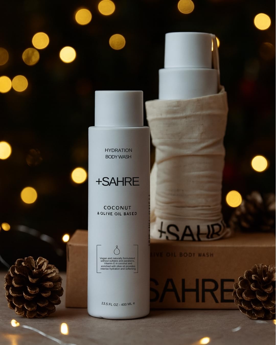 Sahre Natural Body Wash olive oil bottle highlights antioxidant protection for daily cleansing