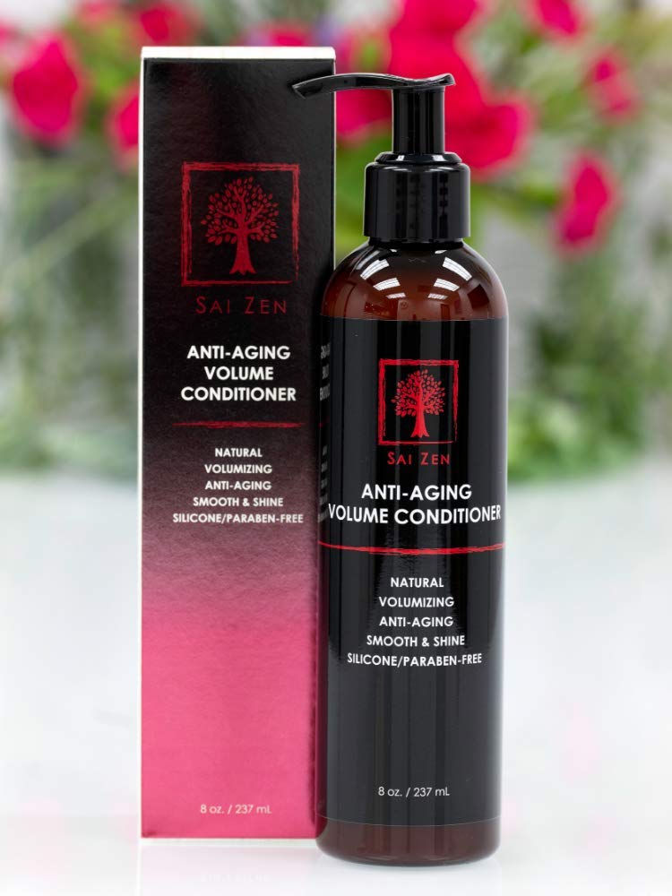 Sai Zen Anti-Aging Volume Conditioner packaging highlights USA-made, sulfate-free care