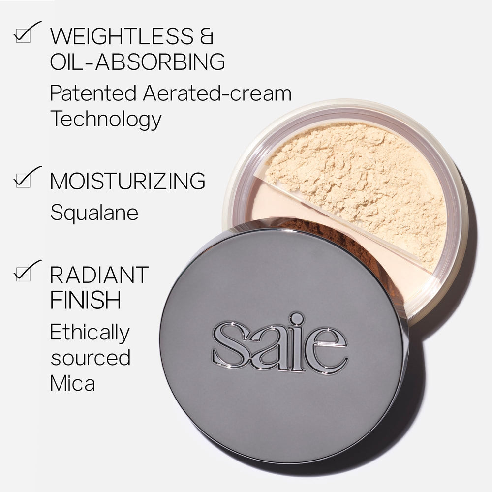 Saie Airset translucent powder canister close-up highlights travel-friendly packaging and quick touch-ups.