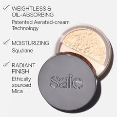 Saie Airset translucent powder canister close-up highlights travel-friendly packaging and quick touch-ups.