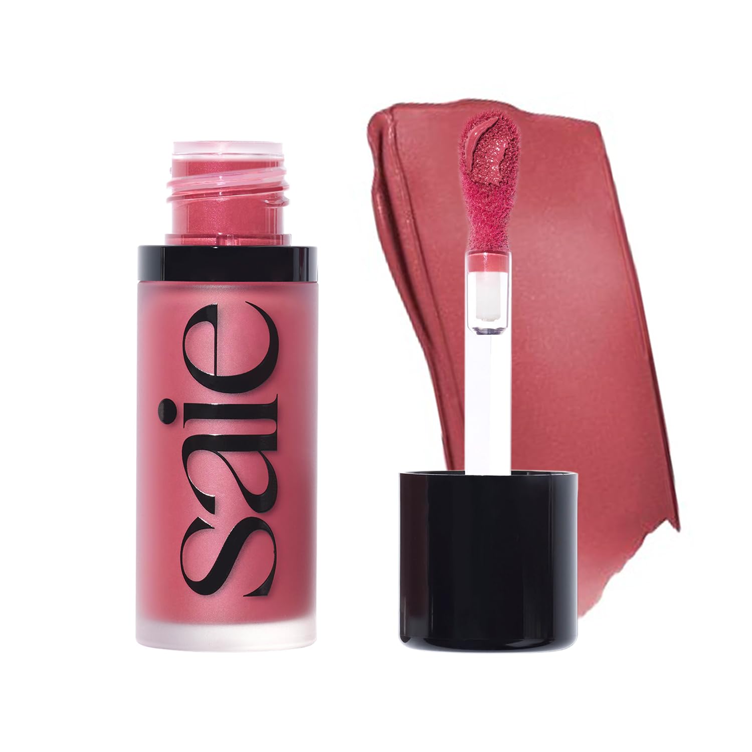 Saie Dew Liquid Blush bottle closeup showcasing sleek packaging and creamy texture