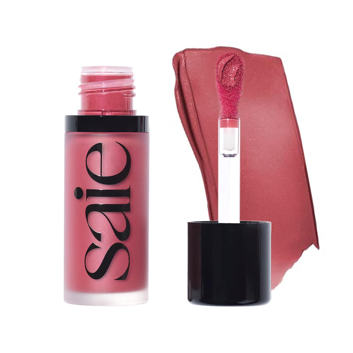 Saie Dew Liquid Blush bottle closeup showcasing sleek packaging and creamy texture