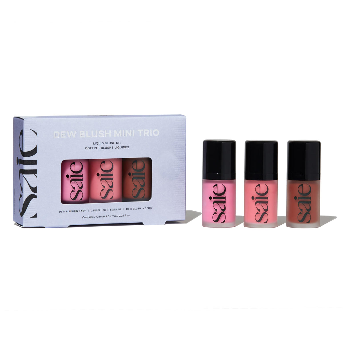 Saie Dew Liquid Blush Trio packaging, ideal for on-the-go color application.