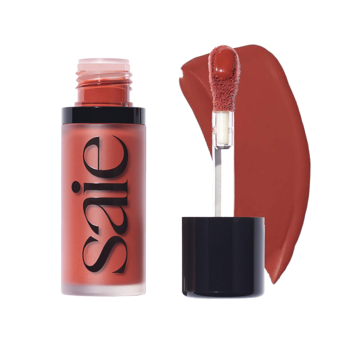 Saie Dew Liquid Blush wand applying a natural glow to cheeks