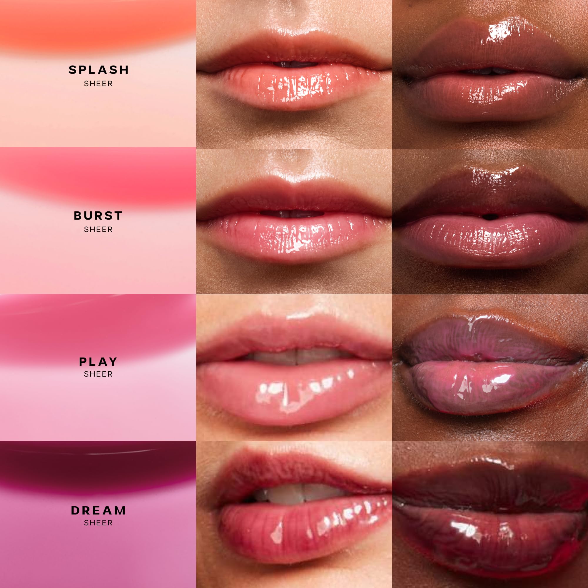 Saie Glossybounce close-up demonstrates plump, shiny lips without stickiness.