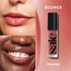 Saie Glossybounce lip swatch shows sheer shade for effortless everyday color.