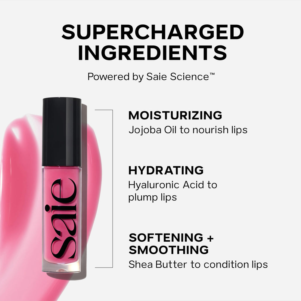 Saie Glossybounce packaging close-up highlights premium, non-sticky shine