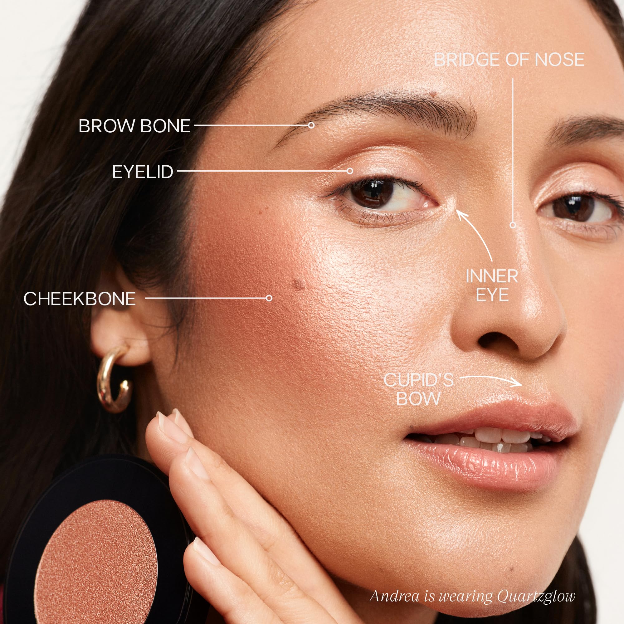 Large brush end demonstrates lifting cheekbones with Glow Sculpt.