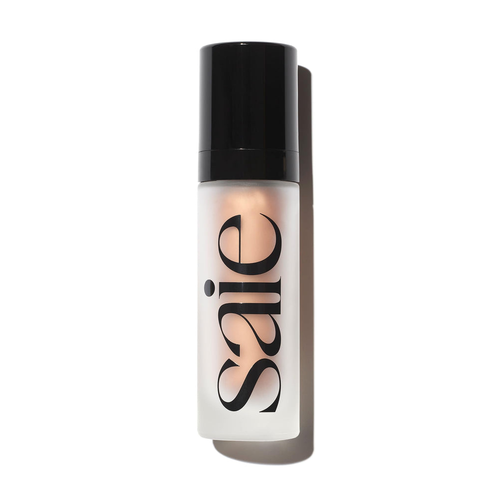 Saie Glowy Super Gel bottle highlights hydrating primer for glass skin.