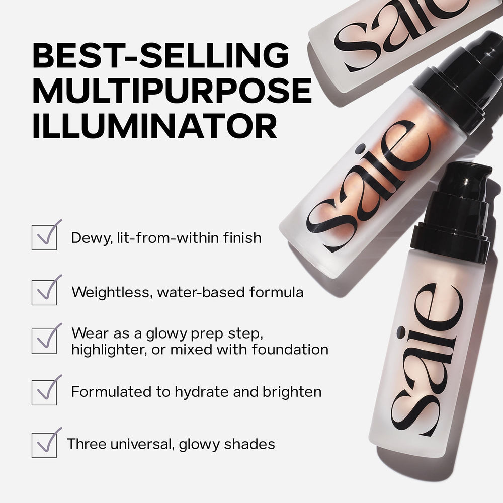 Saie Glowy Super Gel with Vitamin C and Squalane for hydrated skin.