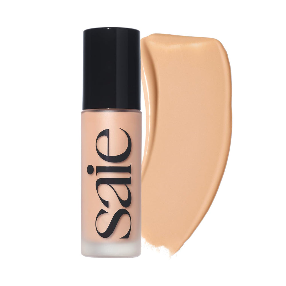 Saie Glowy Super Skin Tint bottle close-up shows radiant finish.