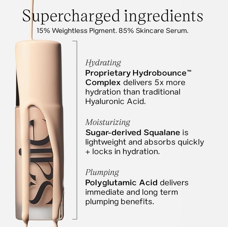 Saie Glowy Super Skin Tint pump-action bottle demonstrates effortless dispensing.