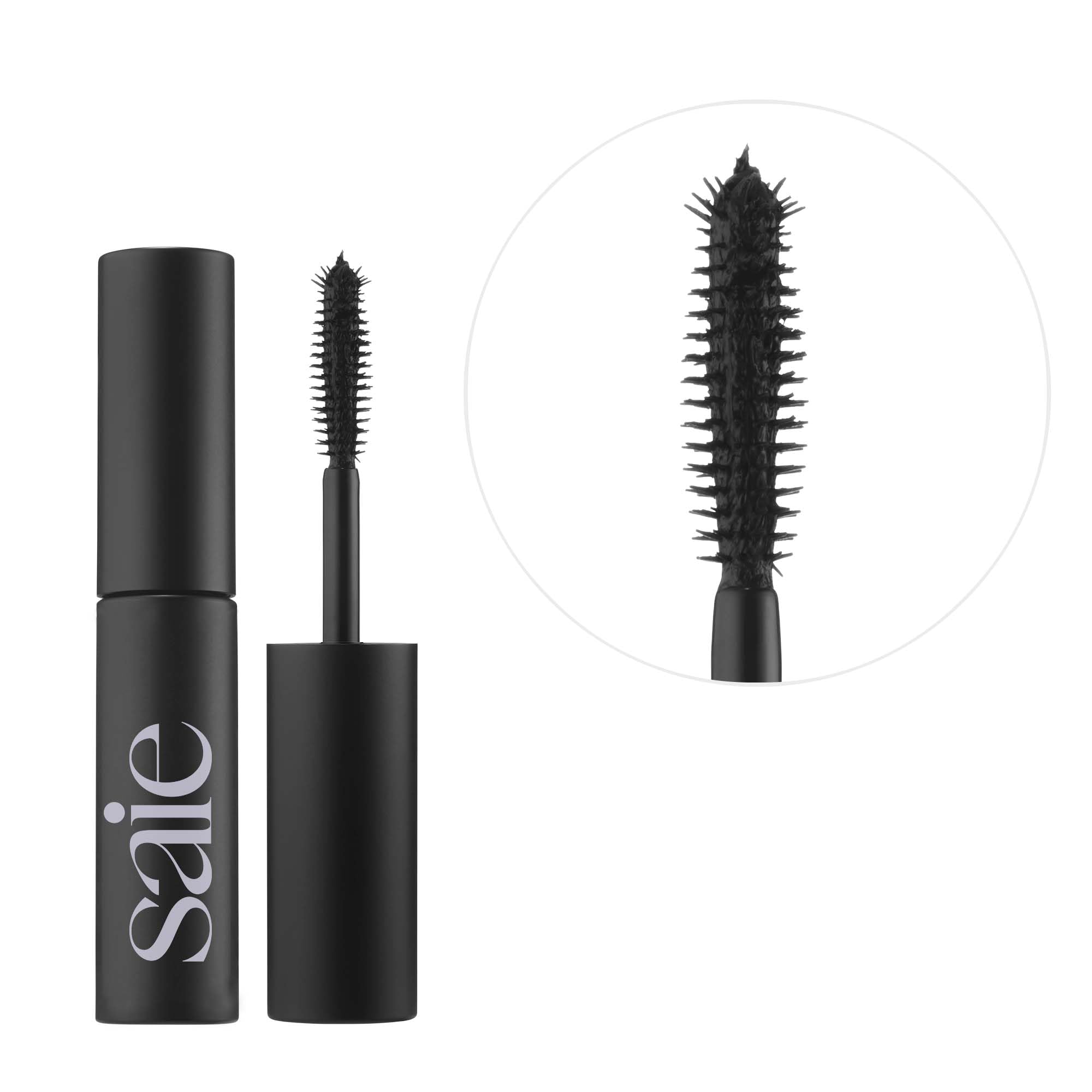 Saie Mini Mascara 101 tube packaging highlighting clean formula.