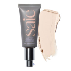 Saie Slip Tint bottle pump demonstrates easy, hydrating base for daily glow.
