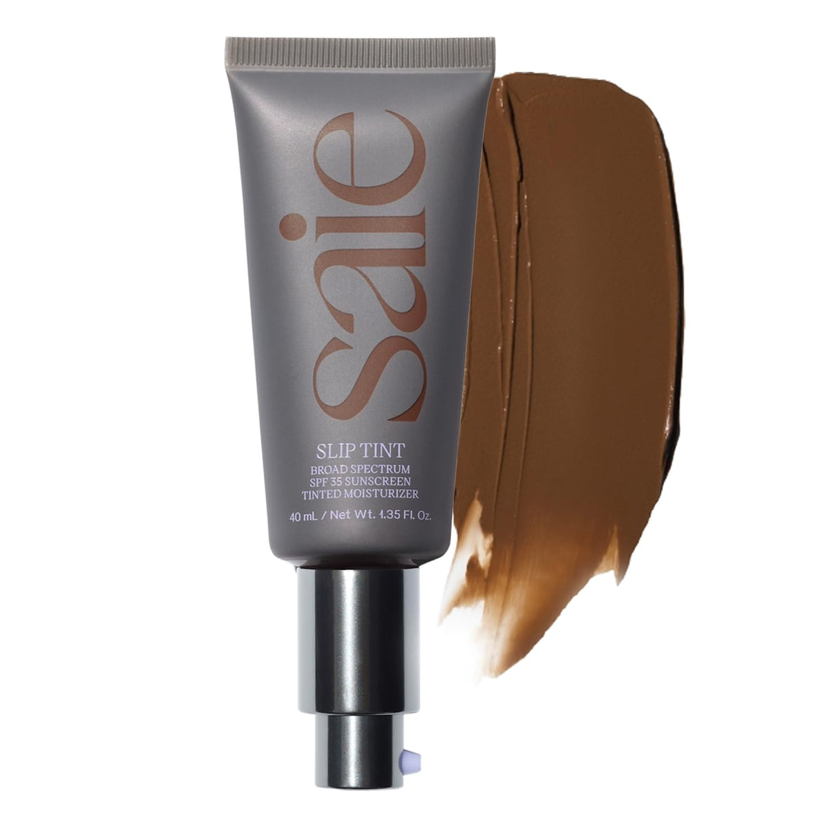 Saie Slip Tint bottle with SPF 35 delivers dewy hydration and light coverage.