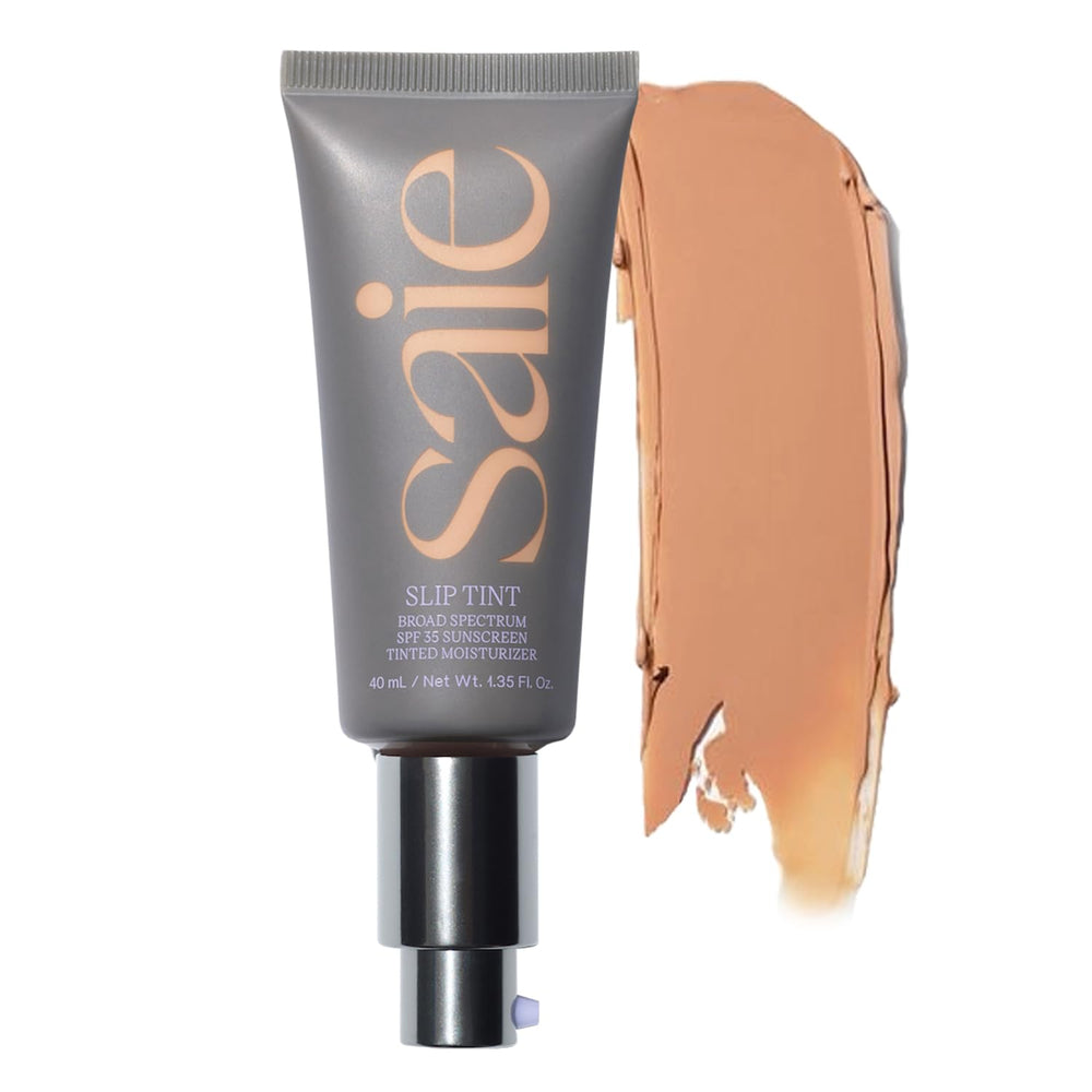 Saie Slip Tint Shade Four bottle front showing a dewy, hydrated glow.