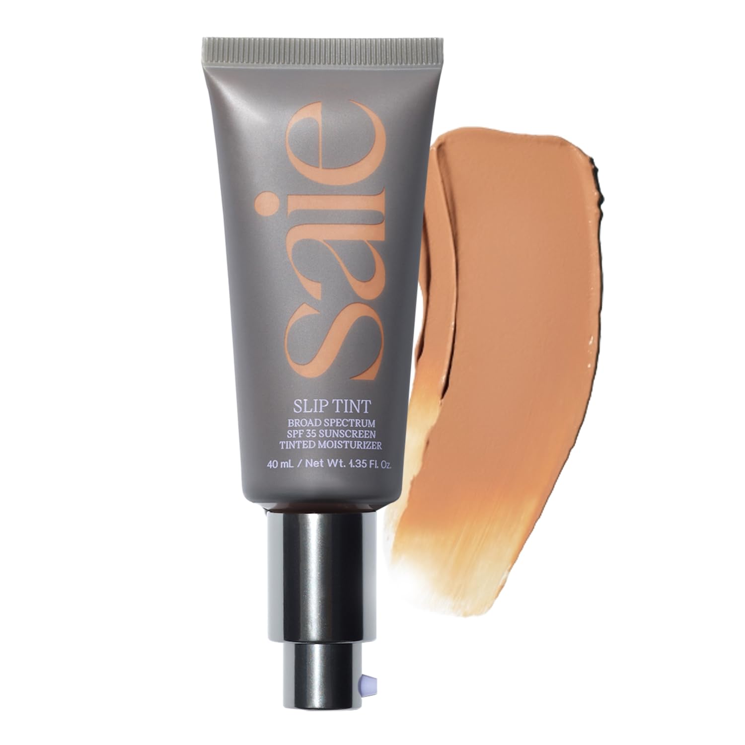 Saie Slip Tint bottle with pump delivers dewy, light coverage for everyday skin.
