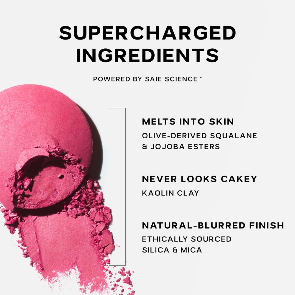 Saie SuperSuede baked blush cruelty-free formula with ethical manufacturing cues.