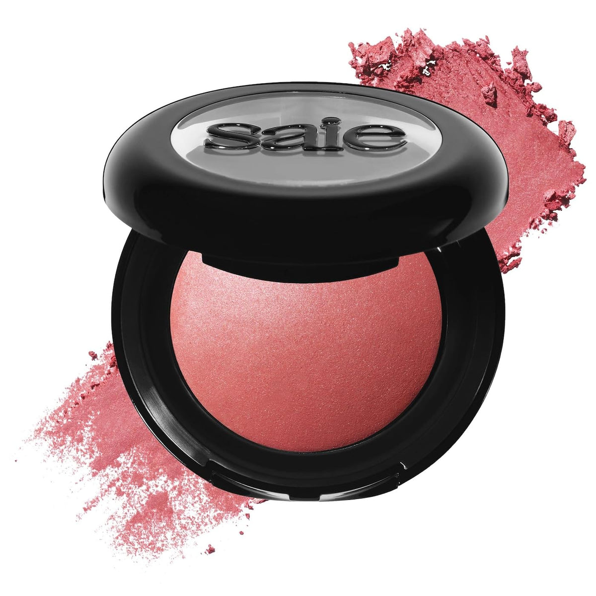 Saie SuperSuede baked blush texture close-up showing velvety finish and diffused color.