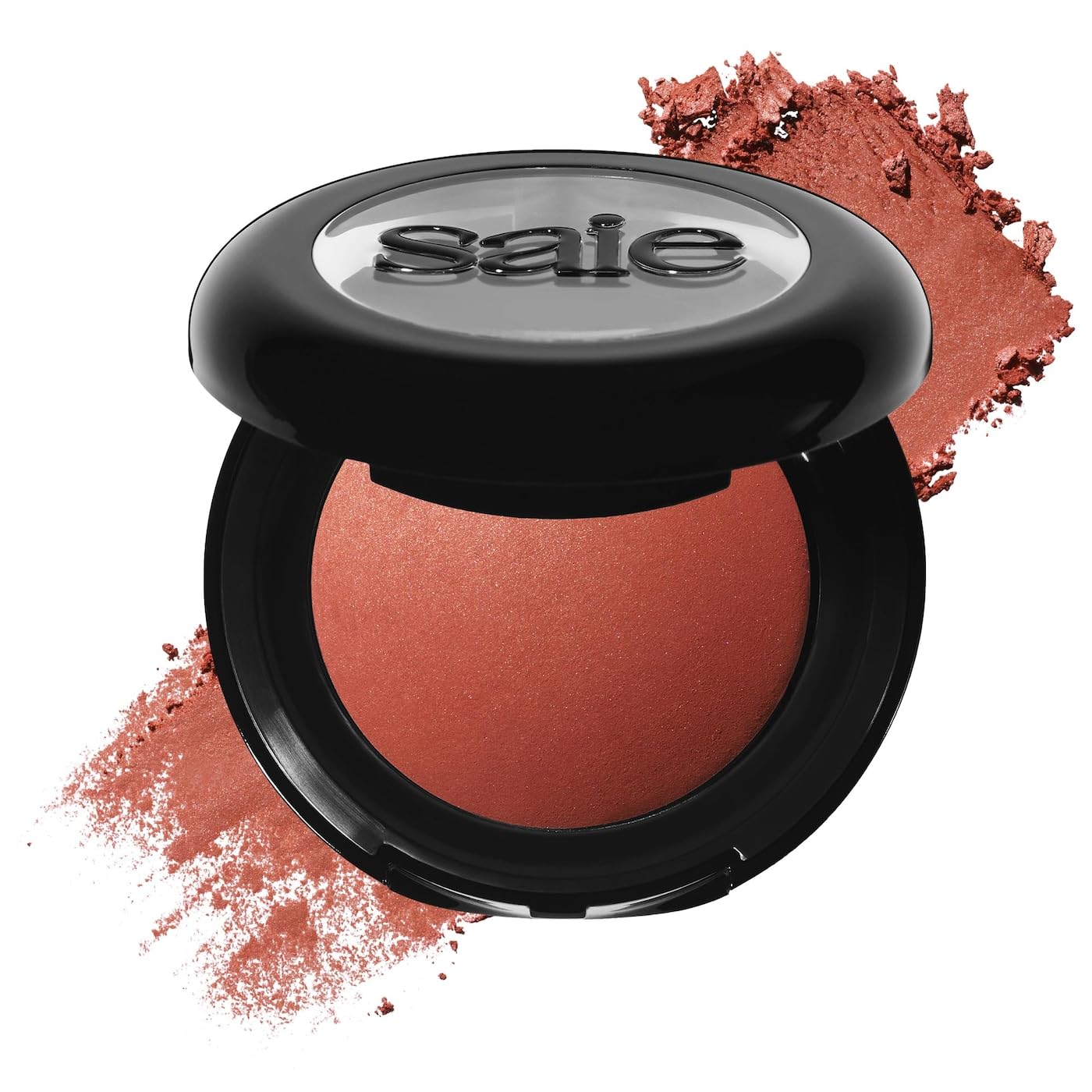 Saie SuperSuede blush close-up highlights luxurious baked texture for a soft, diffused flush.