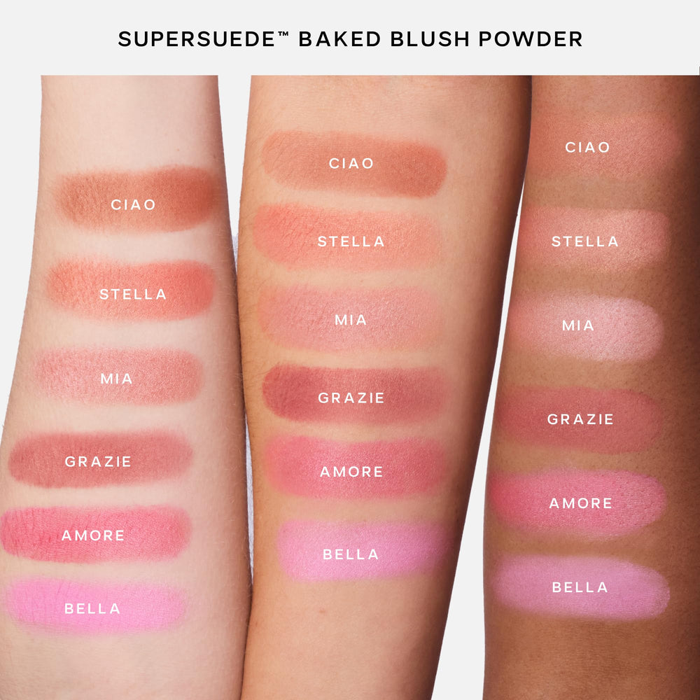Saie SuperSuede close-up highlights non-talc, skin-friendly formula.