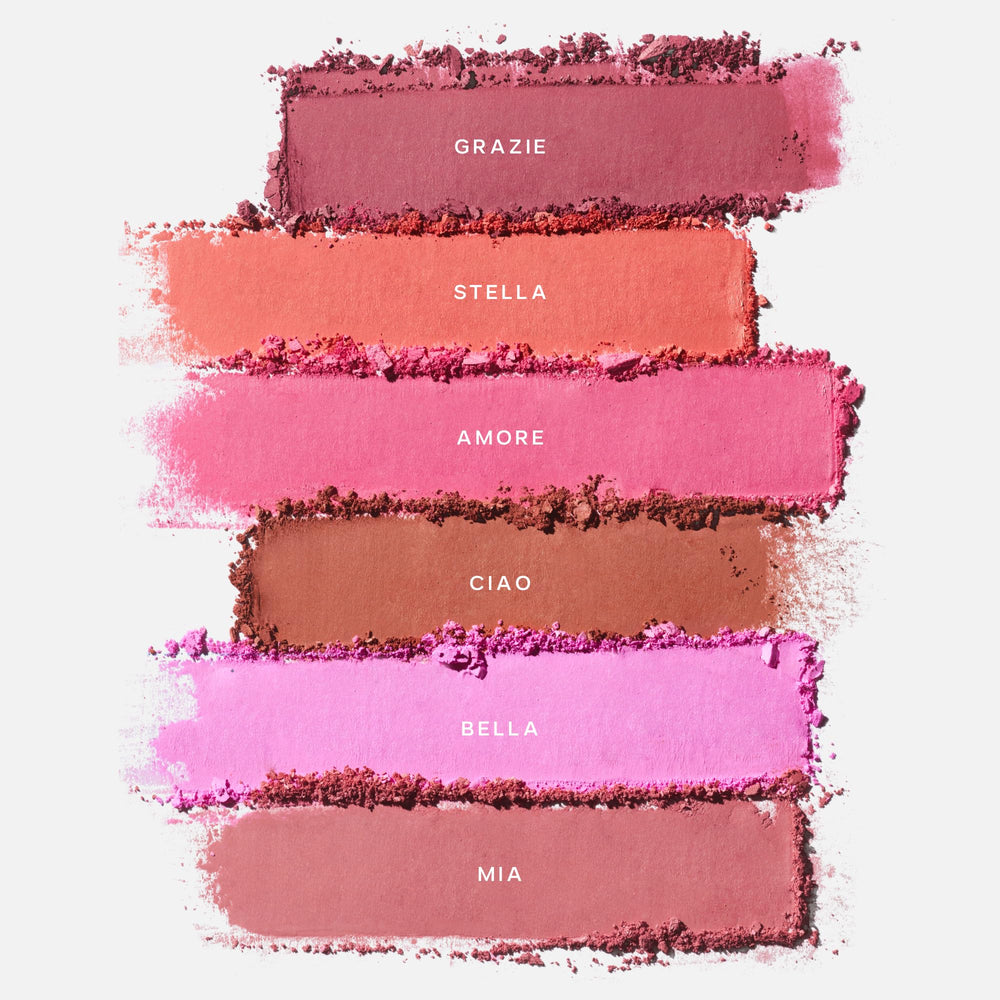 Saie SuperSuede Baked Blush diffusion finish blurs edges for a soft look.