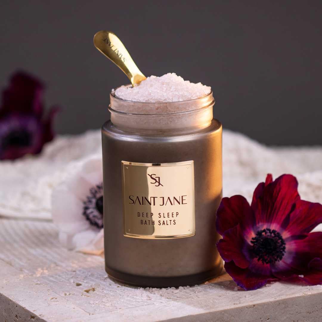 SAINT JANE Deep Sleep Bath Salts crystals closeup highlights magnesium-rich texture