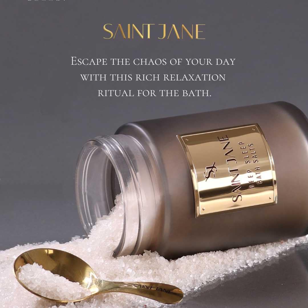 SAINT JANE Deep Sleep Bath Salts jar top shows sealed freshness and easy scoop
