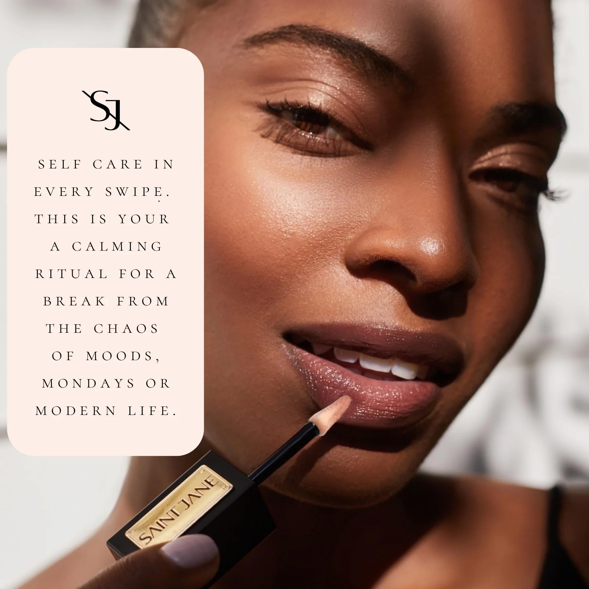 Saint Jane lip oil shine gives a polished, glassy finish without heaviness.