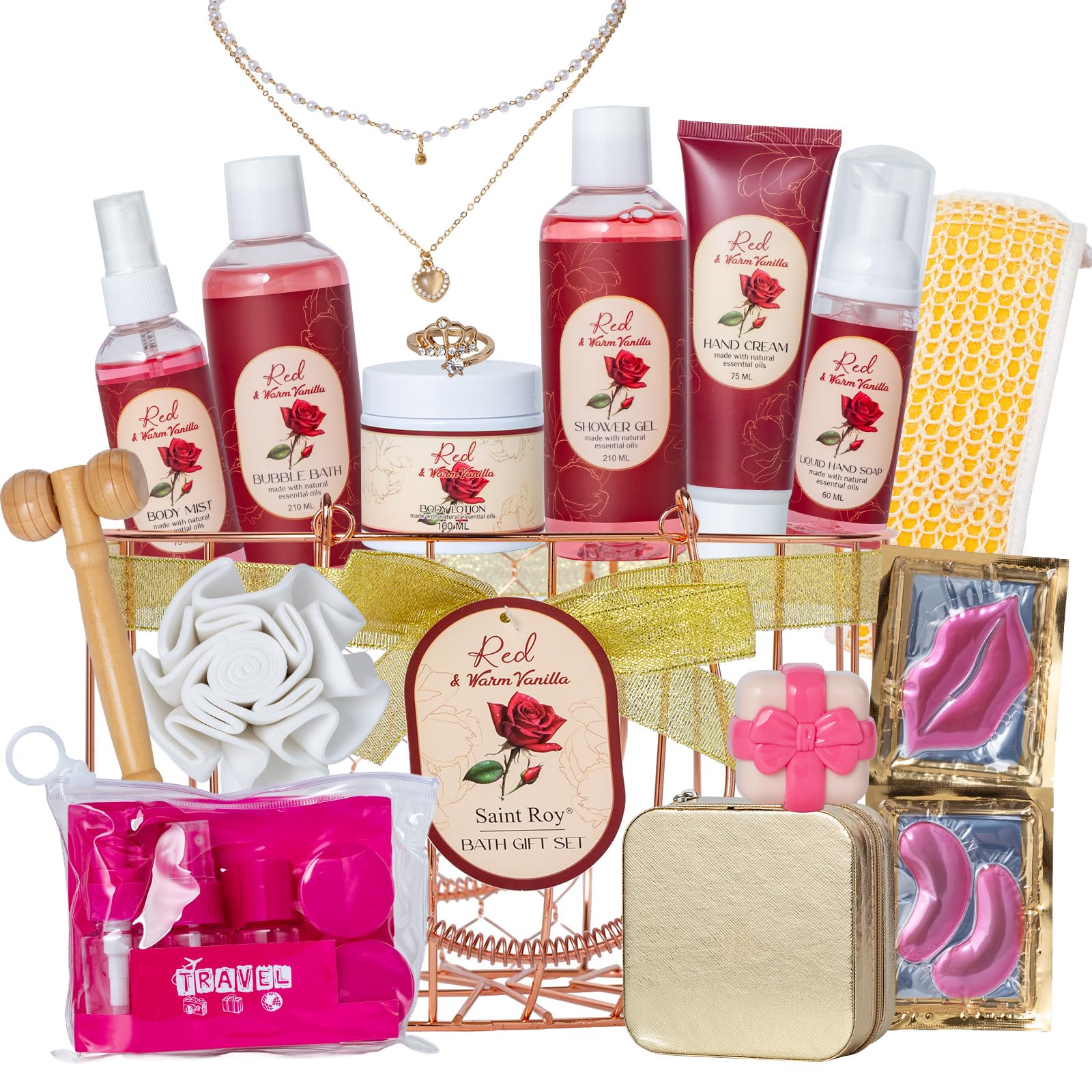 Saint Roy 21-piece bath set with rose-vanilla fragrance for home spa routines.