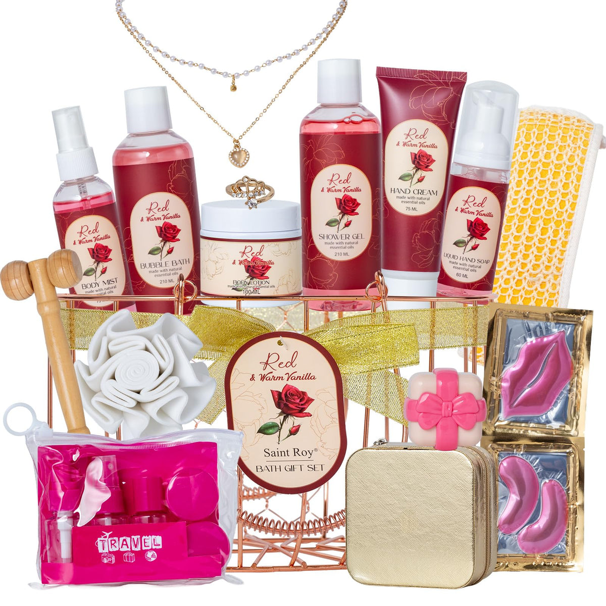 Saint Roy 21-piece bath set with rose-vanilla fragrance for home spa routines.