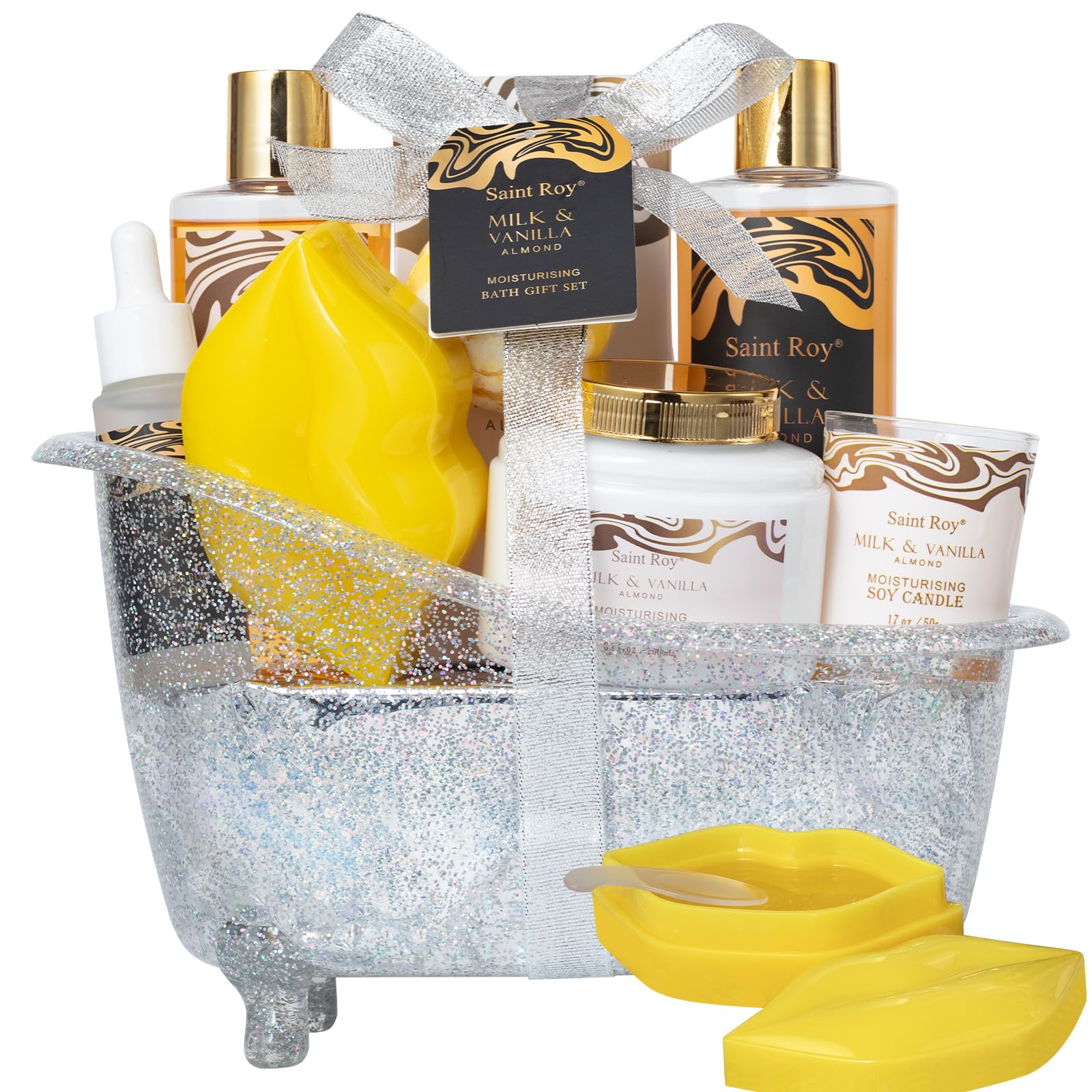Saint Roy Spa Gift Basket display with assorted products for a soothing home spa session.