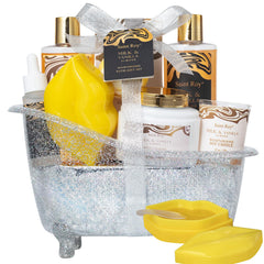 Saint Roy Spa Gift Basket display with assorted products for a soothing home spa session.