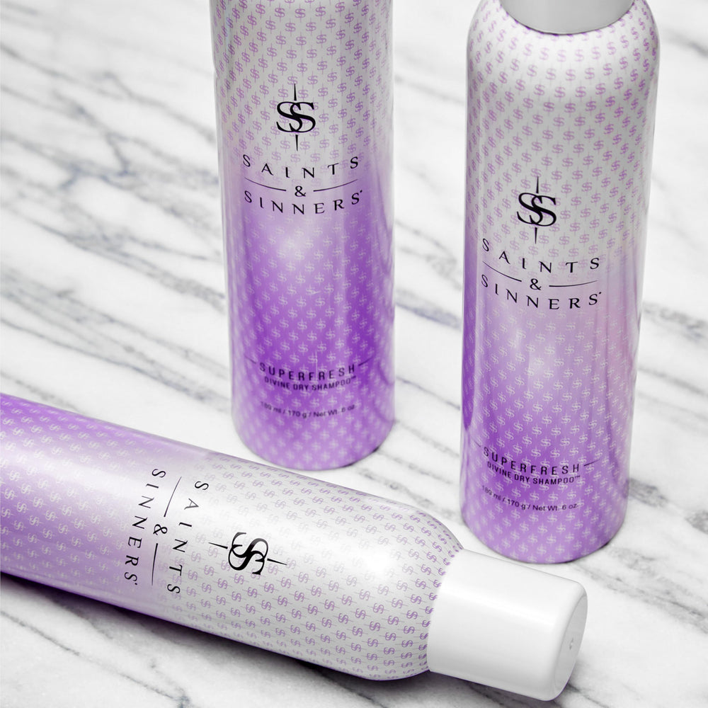 Saints & Sinners Superfresh Divine dry shampoo packaging highlights natural starch and rice protein.